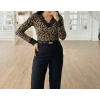 V Yaka Dantelli Leopar Bluz