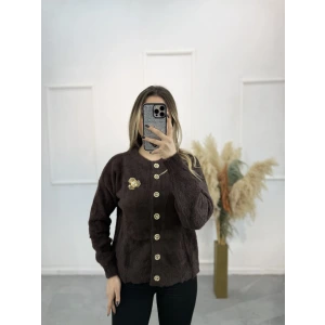 Angora Broşlu Düğmeli Hırka