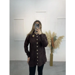 Caxi Angora Broşlu Uzun Ceket