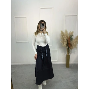 Fular Kemerli Gabardin Pileli Denim Etek