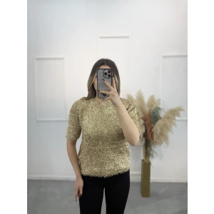 Simli Angora Kısa Kol Kazak