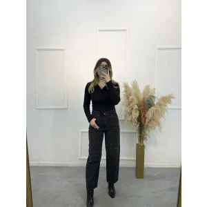 Skater Taşlı Likrasız Mom Jean