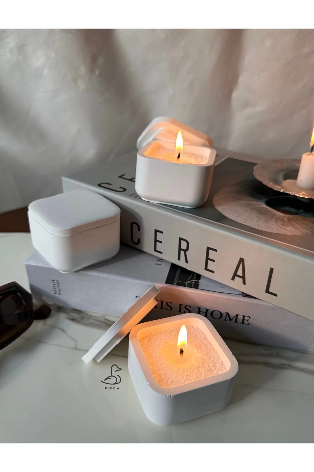 Küp görünümlü 3’lü İnci tozlu mumluk