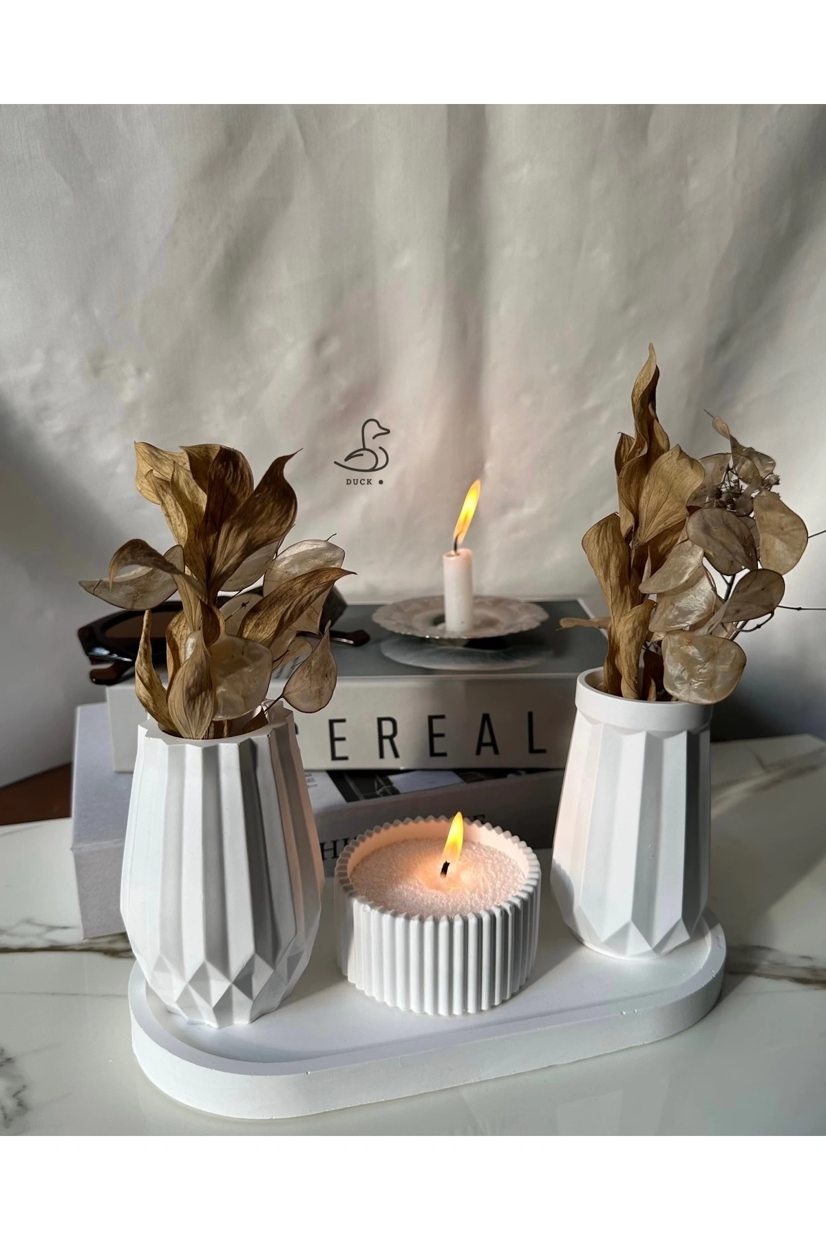 Geometrik desenli 2’li vazo ve inci tozlu mumluk set