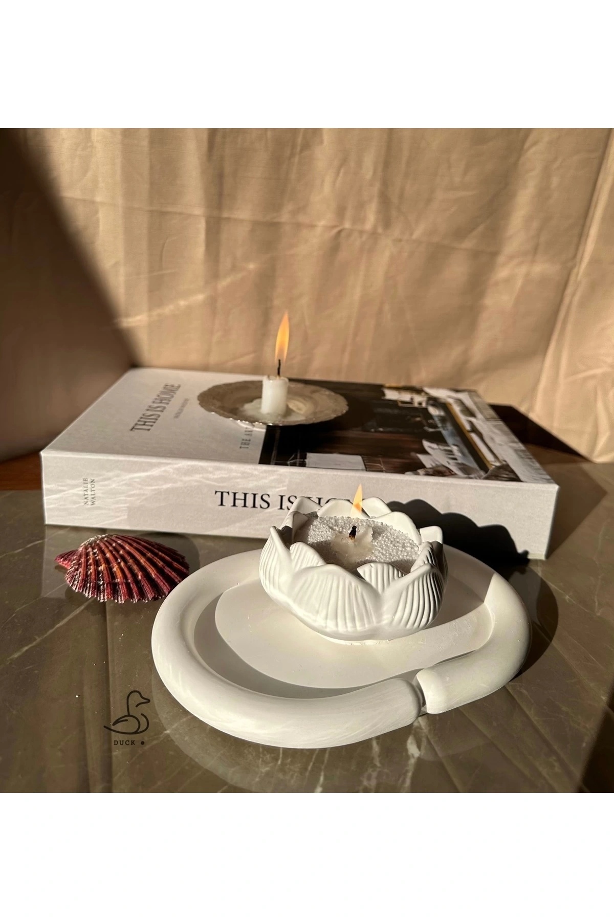 Bulut oval dekoratif tabak ve lotus çiçek inci toz mum set