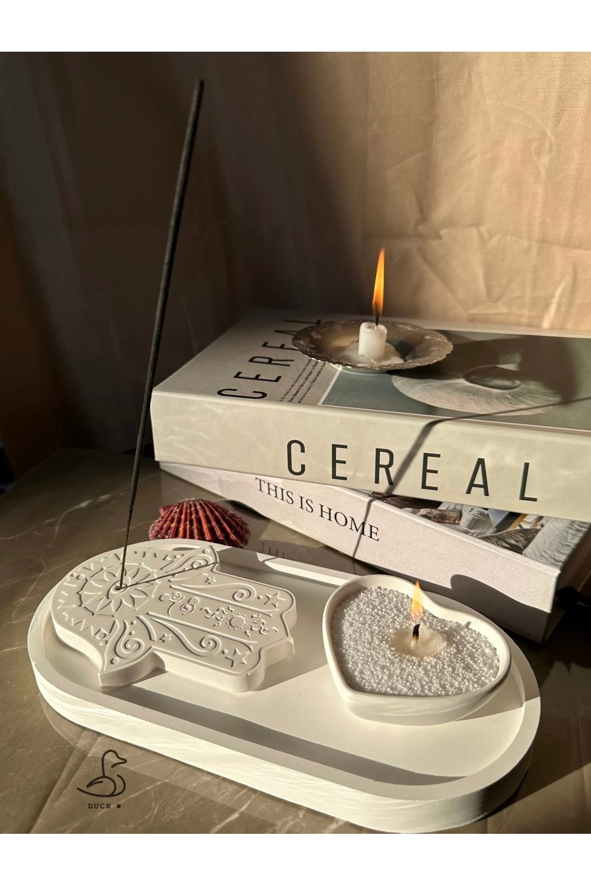 Fatıma’nın eli tütsülük kalp görünümlü inci toz mum set