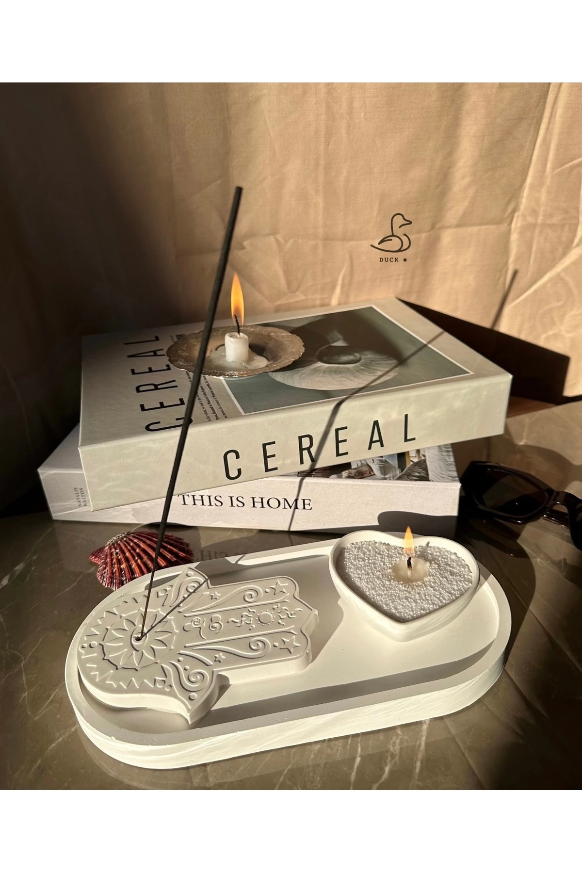 Fatıma’nın eli tütsülük kalp görünümlü inci toz mum set