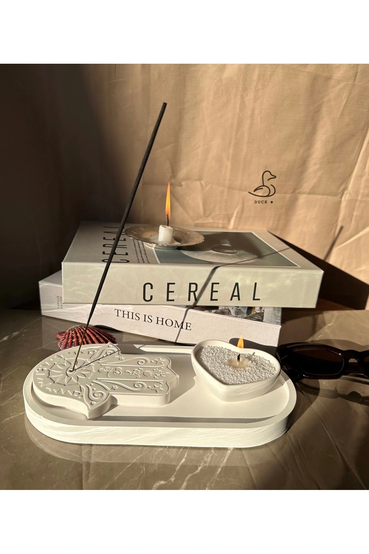 Fatıma’nın eli tütsülük kalp görünümlü inci toz mum set