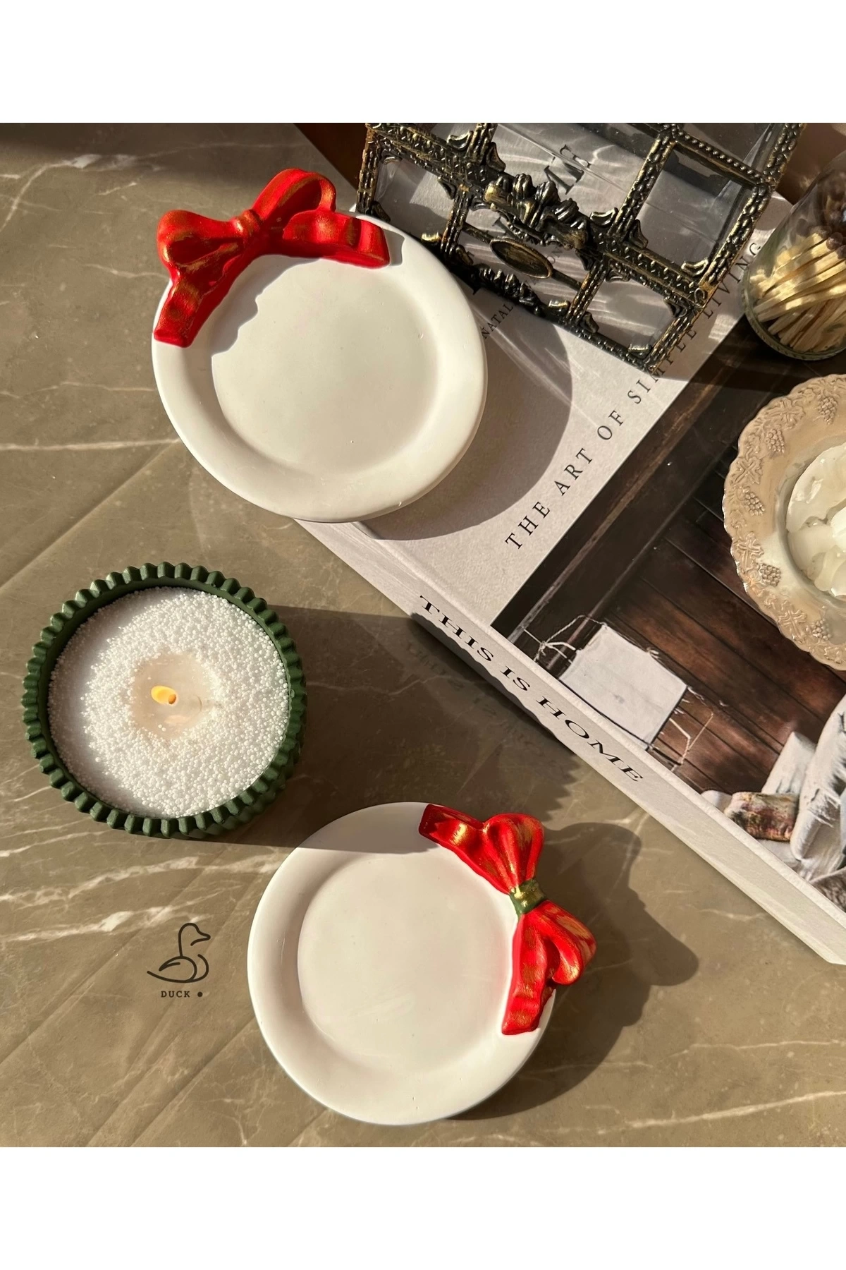 Yılbaşı konsept 2’li kurdeleli dekor tabak inci tozlu mum set