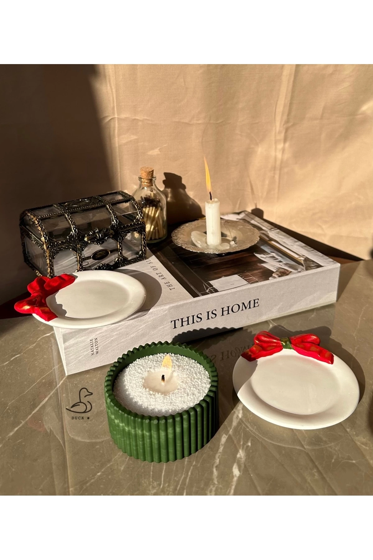 Yılbaşı konsept 2’li kurdeleli dekor tabak inci tozlu mum set