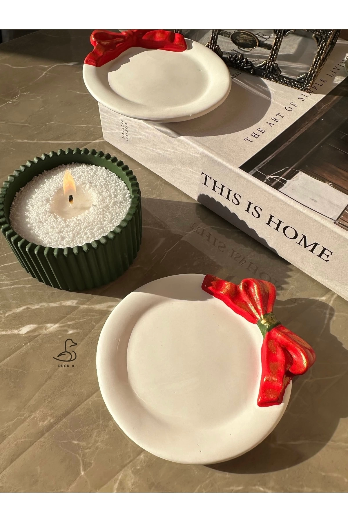 Yılbaşı konsept 2’li kurdeleli dekor tabak inci tozlu mum set