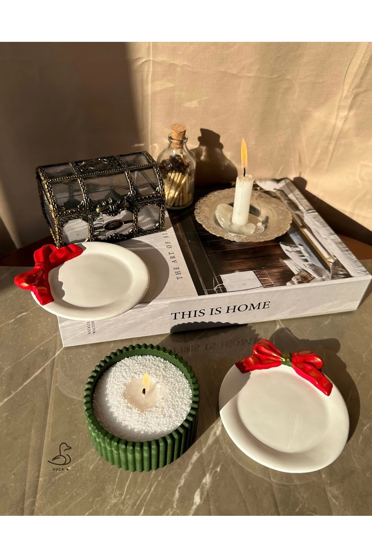 Yılbaşı konsept 2’li kurdeleli dekor tabak inci tozlu mum set