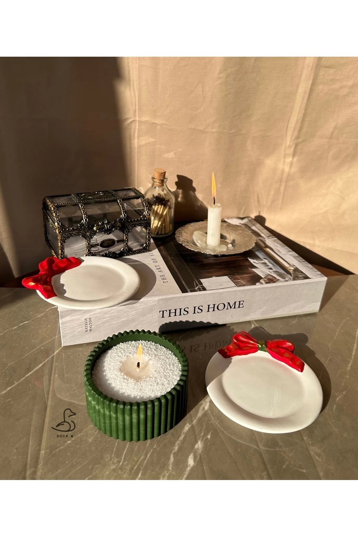 Yılbaşı konsept 2’li kurdeleli dekor tabak inci tozlu mum set