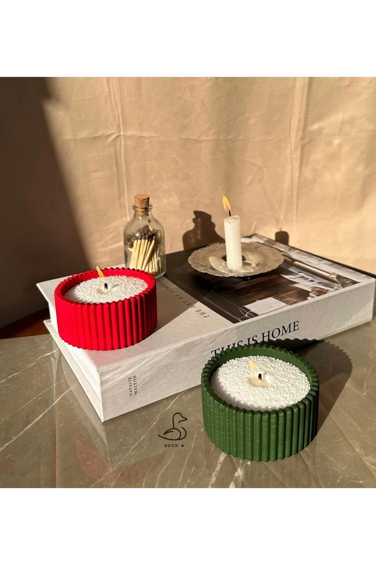 Yılbaşı konsept 2’li çizgili dekor inci tozlu mum set