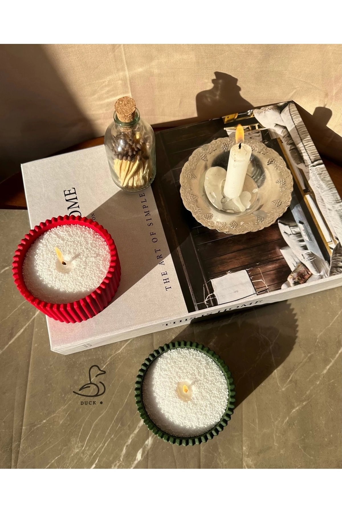 Yılbaşı konsept 2’li çizgili dekor inci tozlu mum set