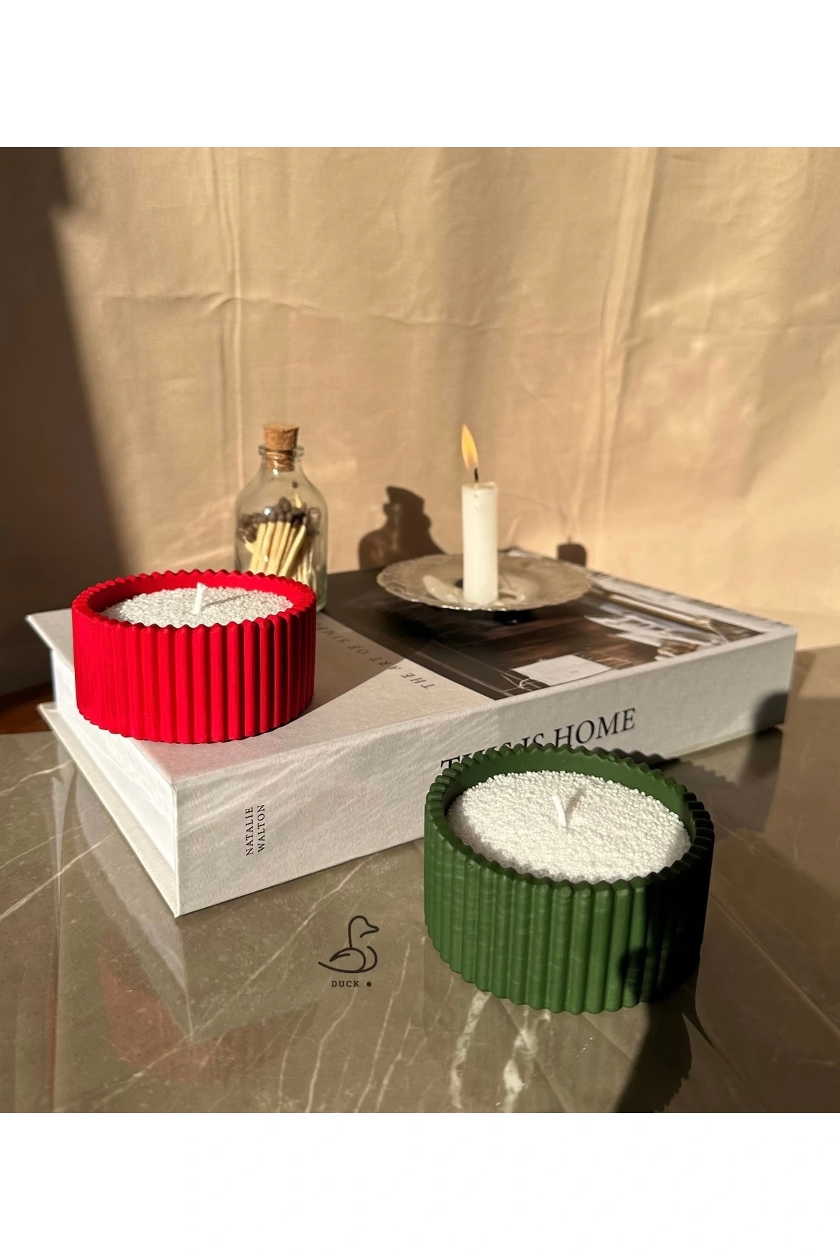 Yılbaşı konsept 2’li çizgili dekor inci tozlu mum set