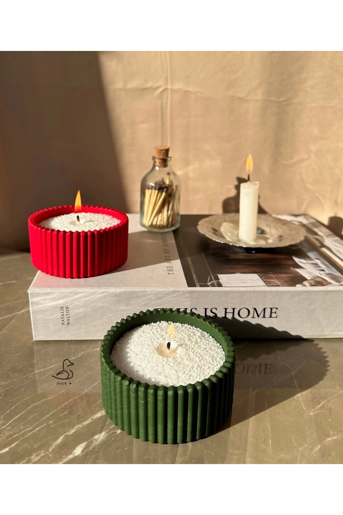 Yılbaşı konsept 2’li çizgili dekor inci tozlu mum set