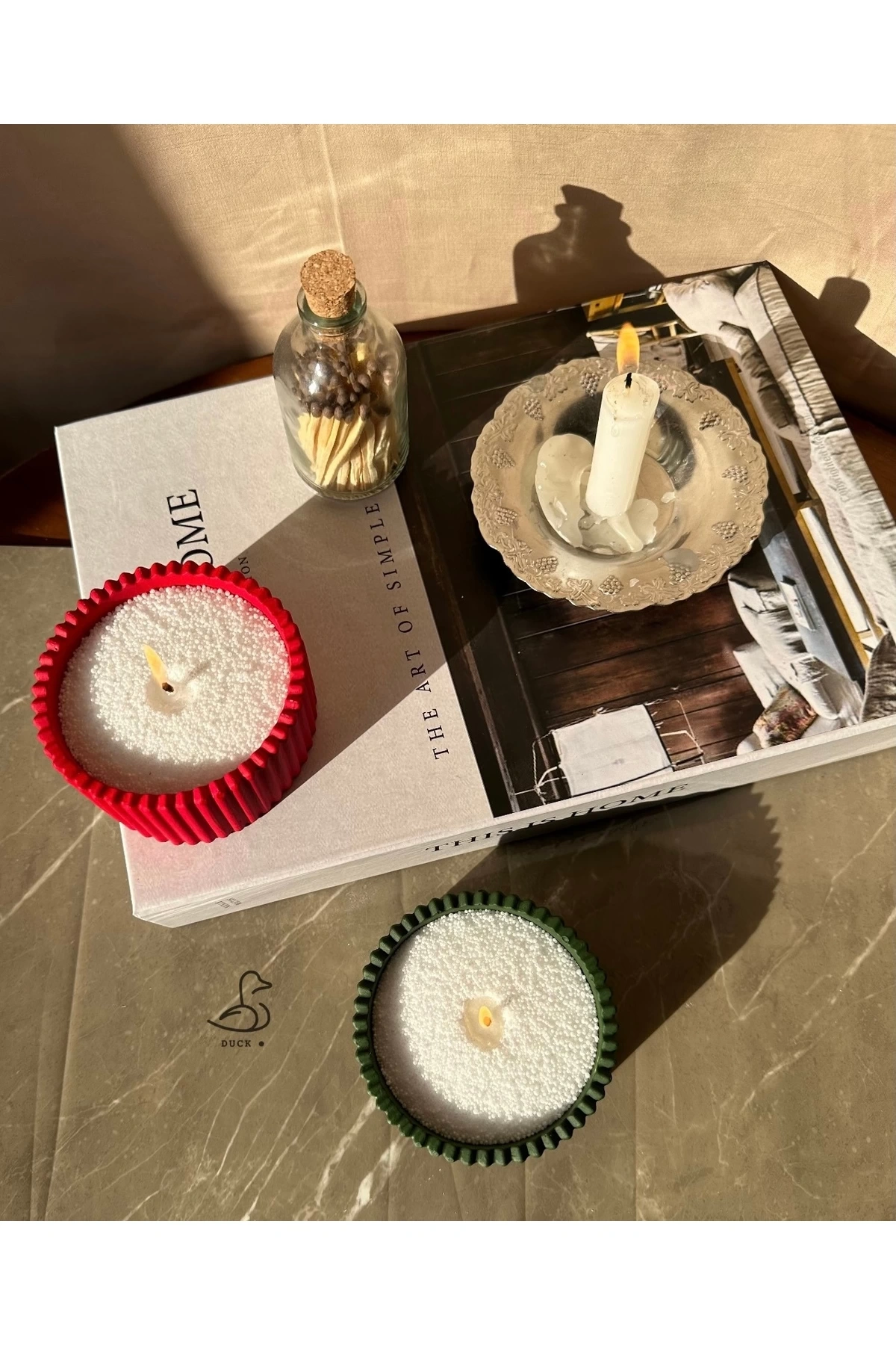 Yılbaşı konsept 2’li çizgili dekor inci tozlu mum set