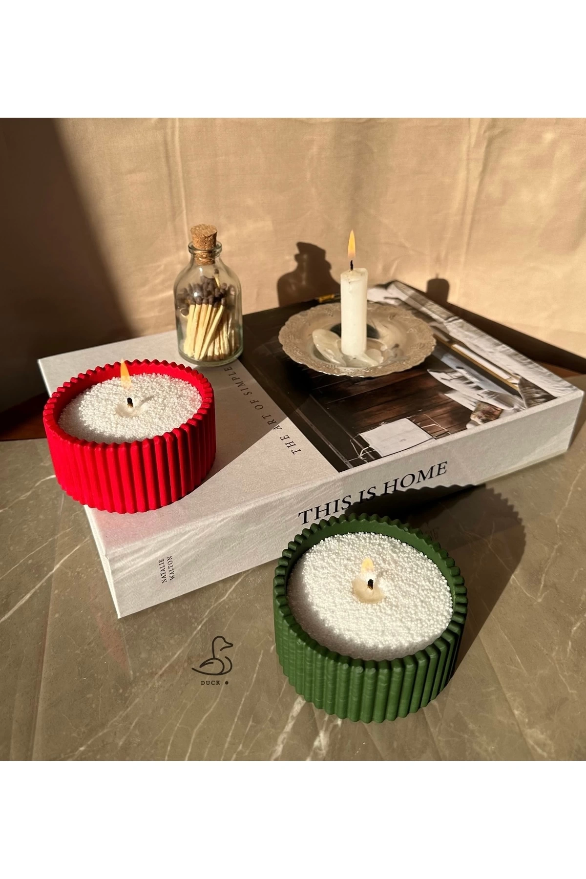 Yılbaşı konsept 2’li çizgili dekor inci tozlu mum set