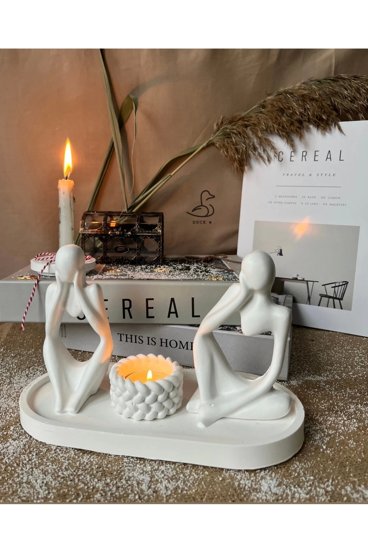 3D soyut düşünür 2’li insan figürü ve örgü desenli mumluk set