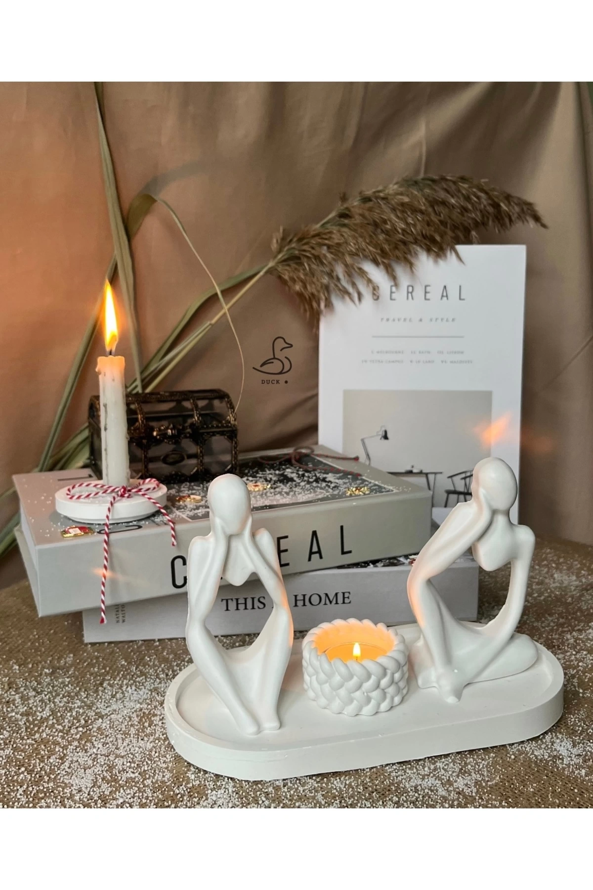 3D soyut düşünür 2’li insan figürü ve örgü desenli mumluk set