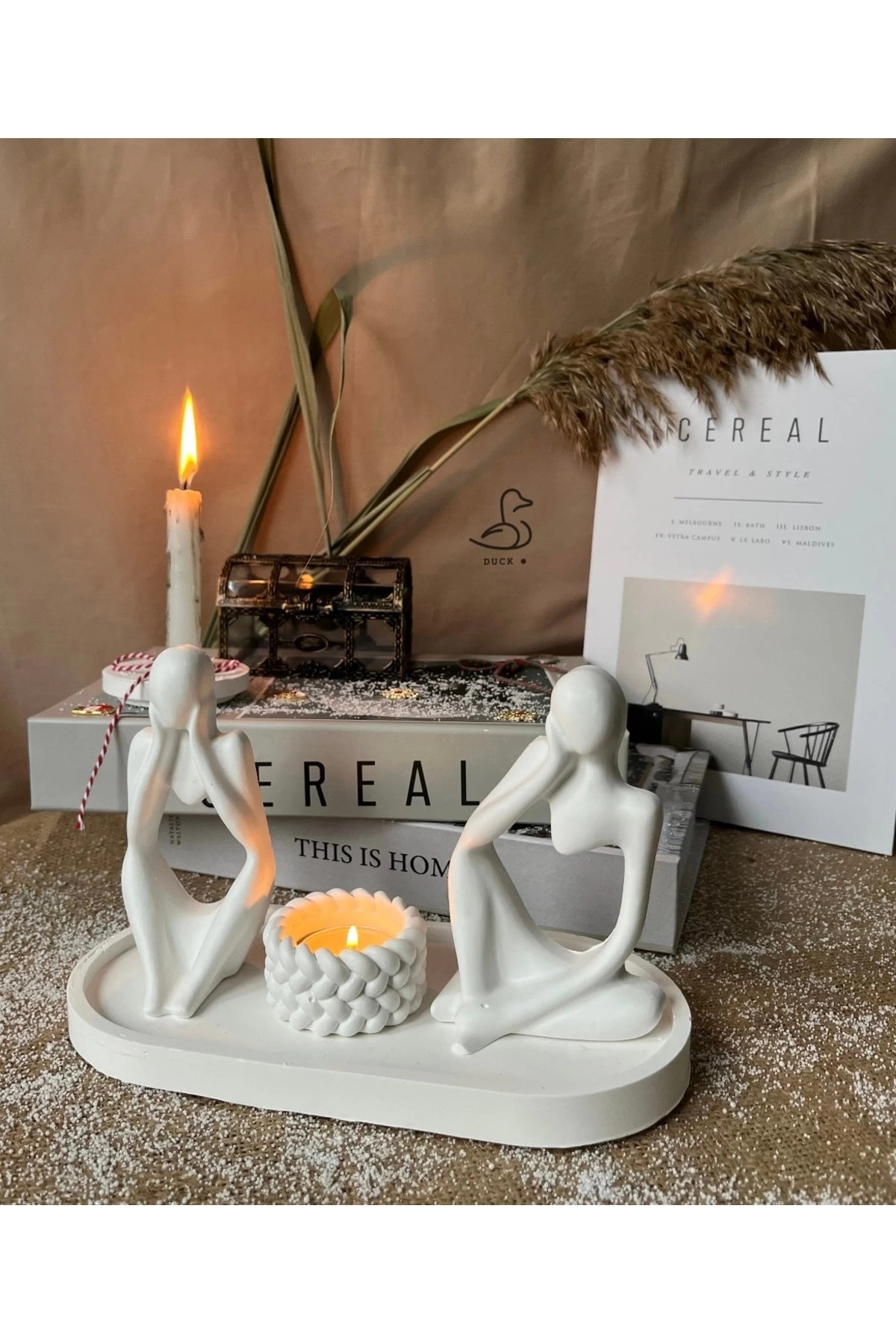 3D soyut düşünür 2’li insan figürü ve örgü desenli mumluk set