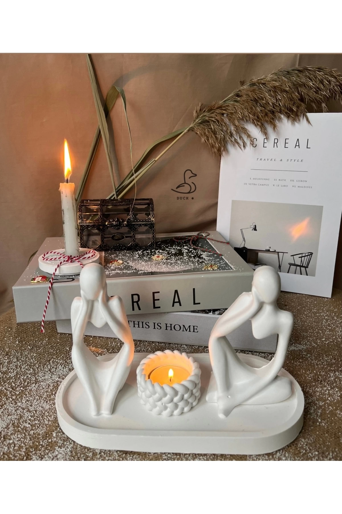 3D soyut düşünür 2’li insan figürü ve örgü desenli mumluk set