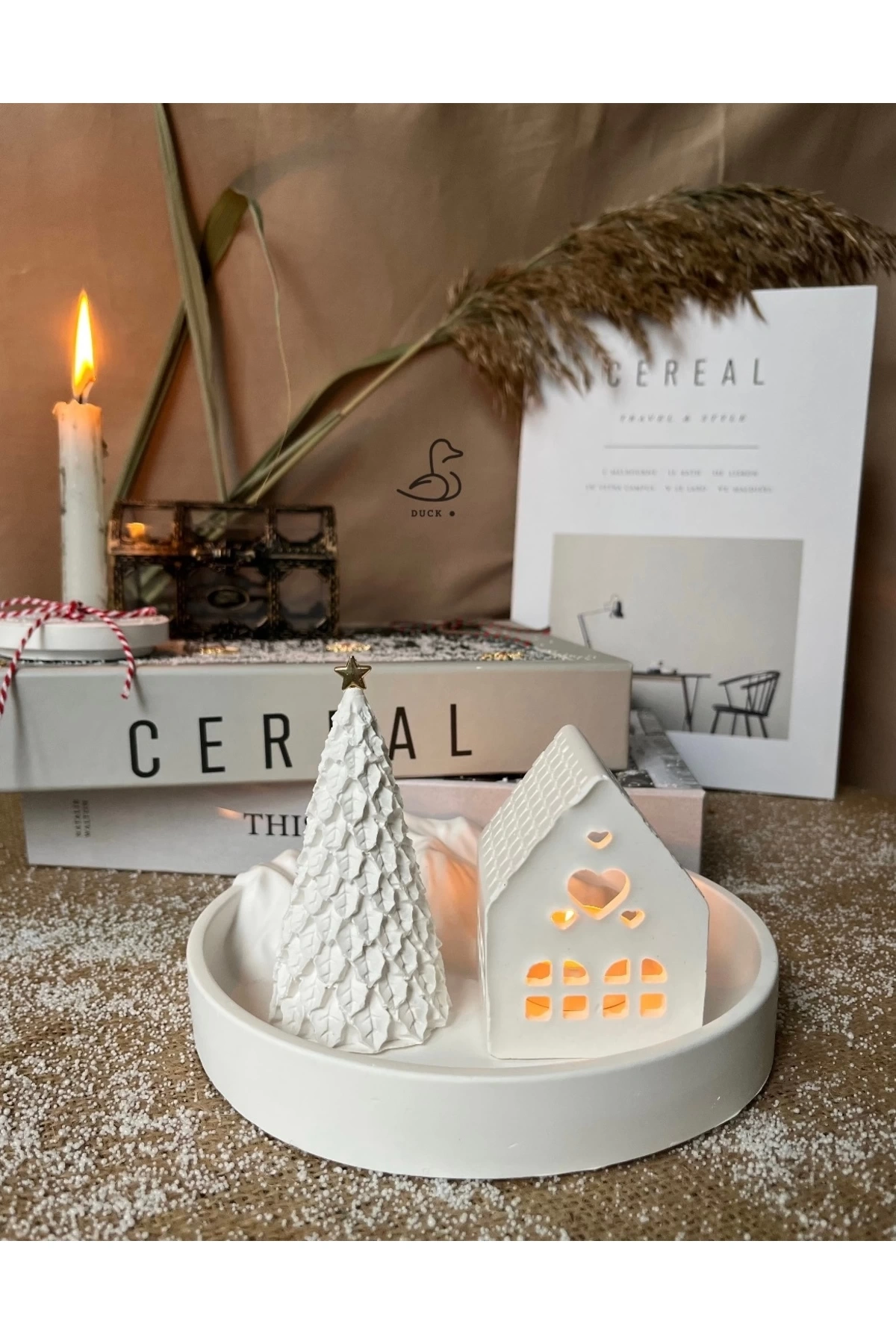 Dağ görünümlü tabak çukur kalp şeklinde mumluk çam ağacı dekor set