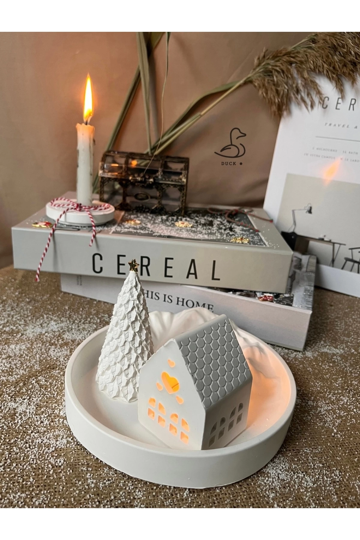 Dağ görünümlü tabak çukur kalp şeklinde mumluk çam ağacı dekor set