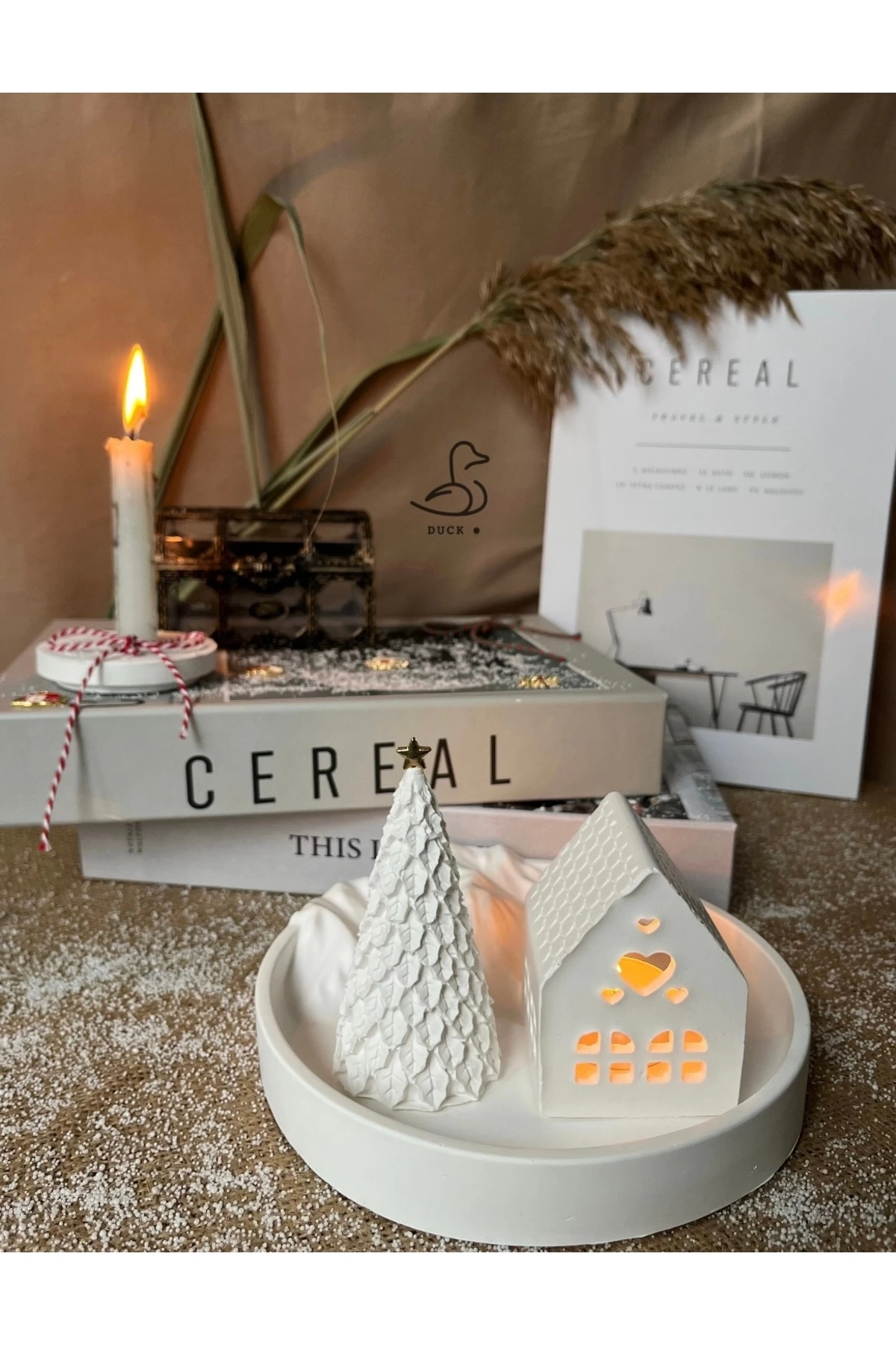 Dağ görünümlü tabak çukur kalp şeklinde mumluk çam ağacı dekor set