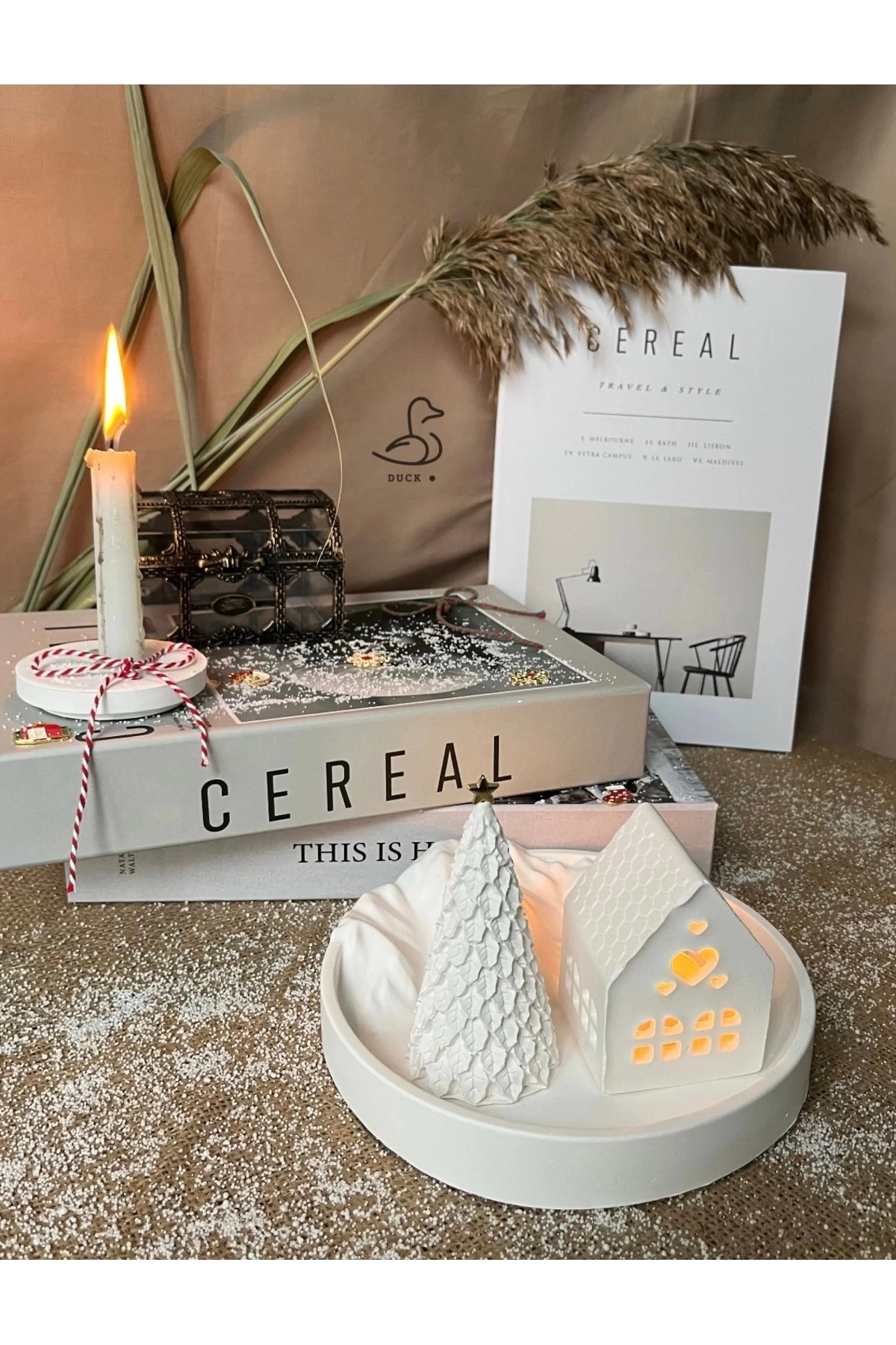 Dağ görünümlü tabak çukur kalp şeklinde mumluk çam ağacı dekor set