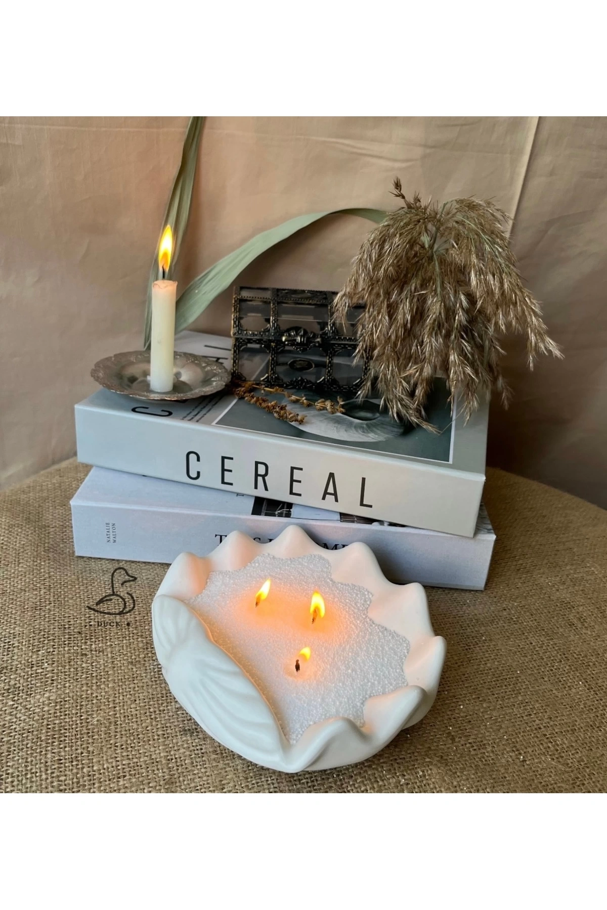 Deniz kabuğu şeklinde dekoratif tabak/mumluk (inci toz mum dahil 17-15 cm)