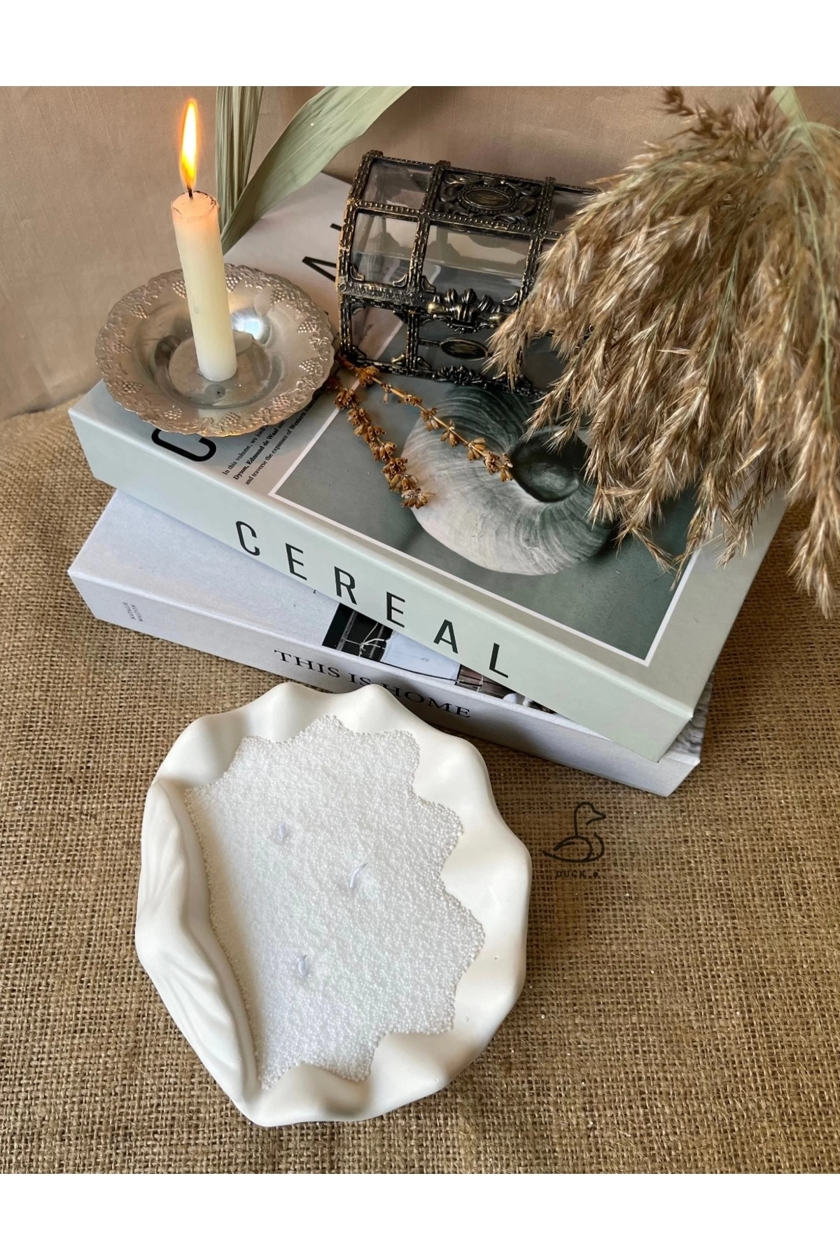 Deniz kabuğu şeklinde dekoratif tabak/mumluk (inci toz mum dahil 17-15 cm)