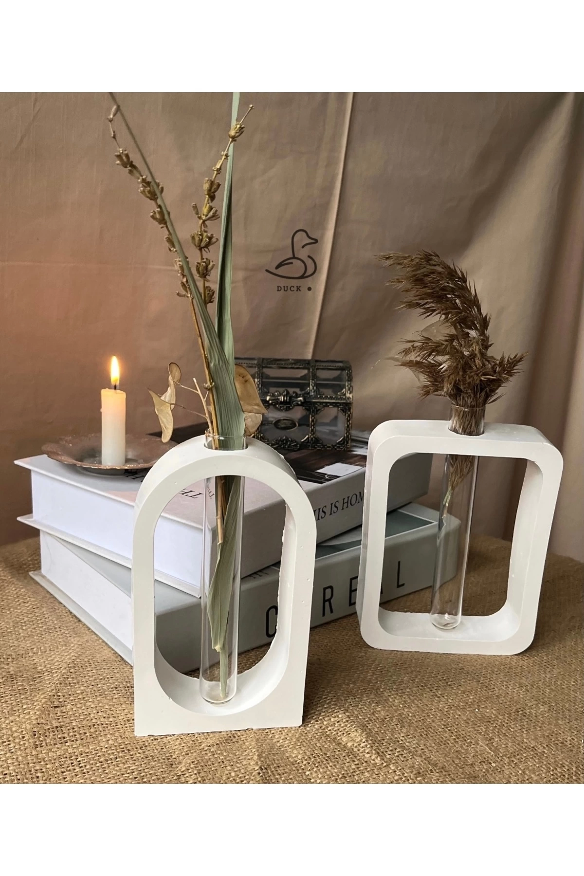 Modern 2li geometrik cam tüplü vazo set (12-16cm) taş tozu