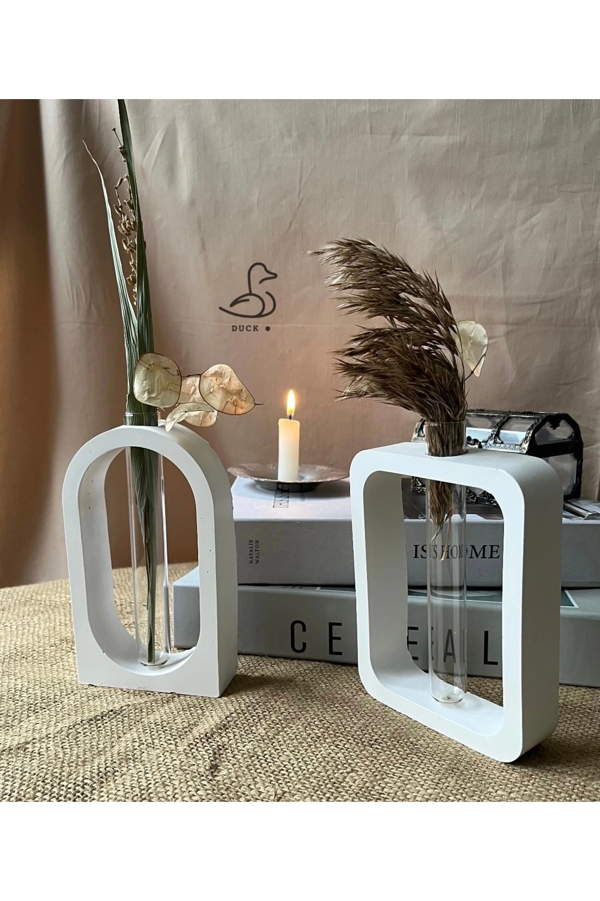 Modern 2li geometrik cam tüplü vazo set (12-16cm) taş tozu