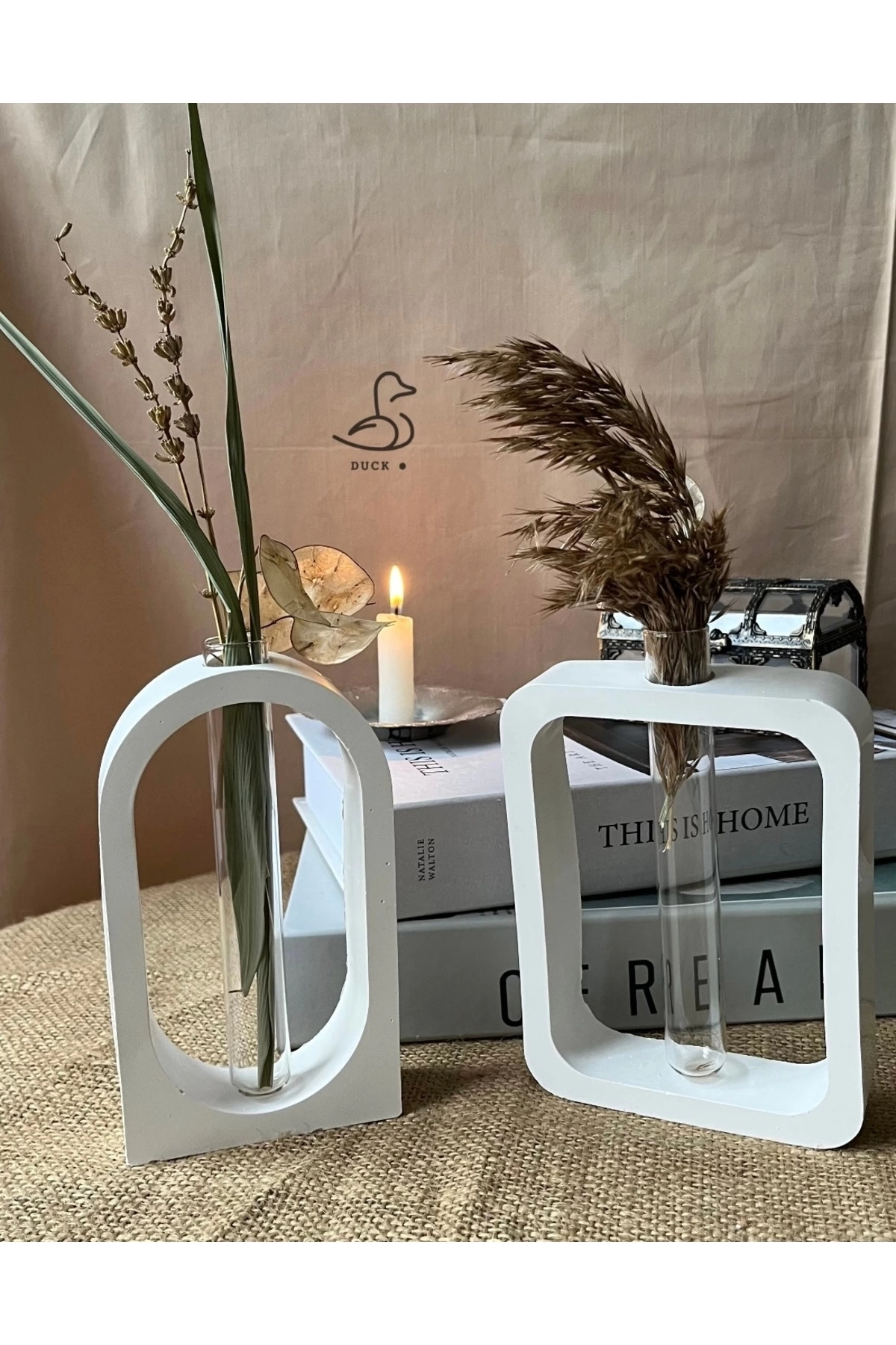 Modern 2li geometrik cam tüplü vazo set (12-16cm) taş tozu