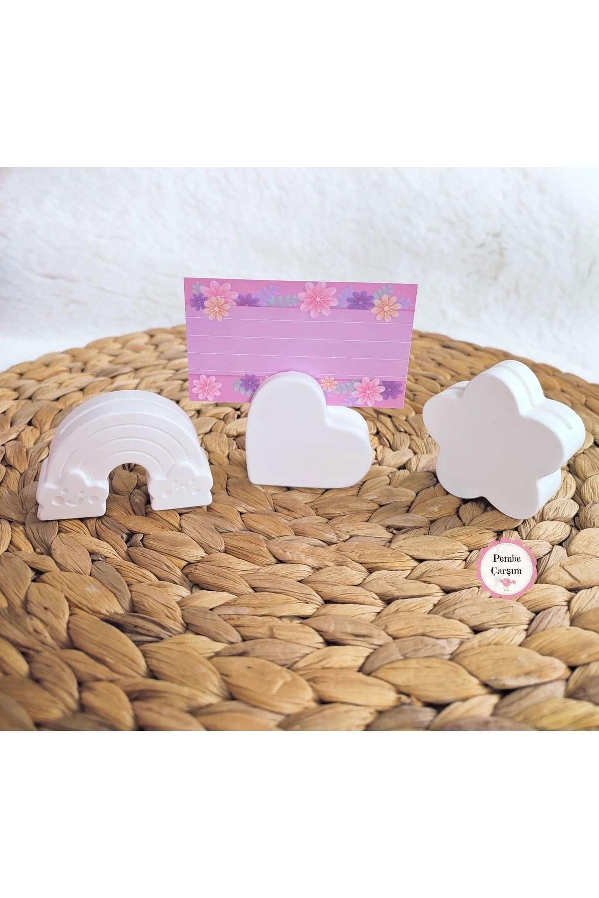 Beyaz Kalp , Çiçek ,Gökkuşağı Not , Kağıt , Fotoğraf Tutucu (Beton)