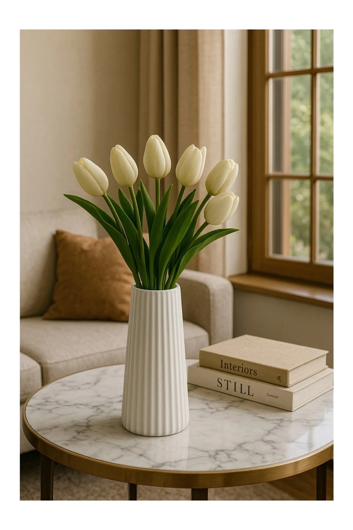 Modern Dekorasyon İçin Şık Beyaz Çizgili Beton Çiçek Vazo - Minimalist ve Zarif Vazo Modelleri