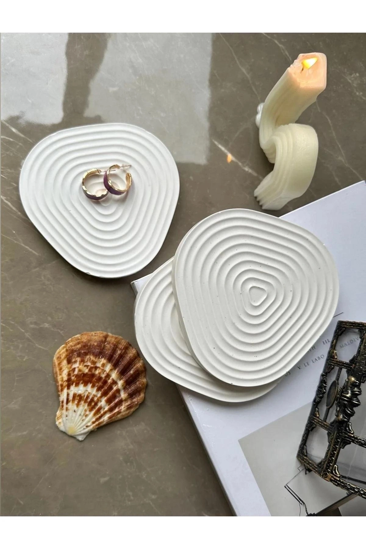 Oval Çizgisel Taş Tozu Dekoratif Obje/Bardak Altlığı 3’lü