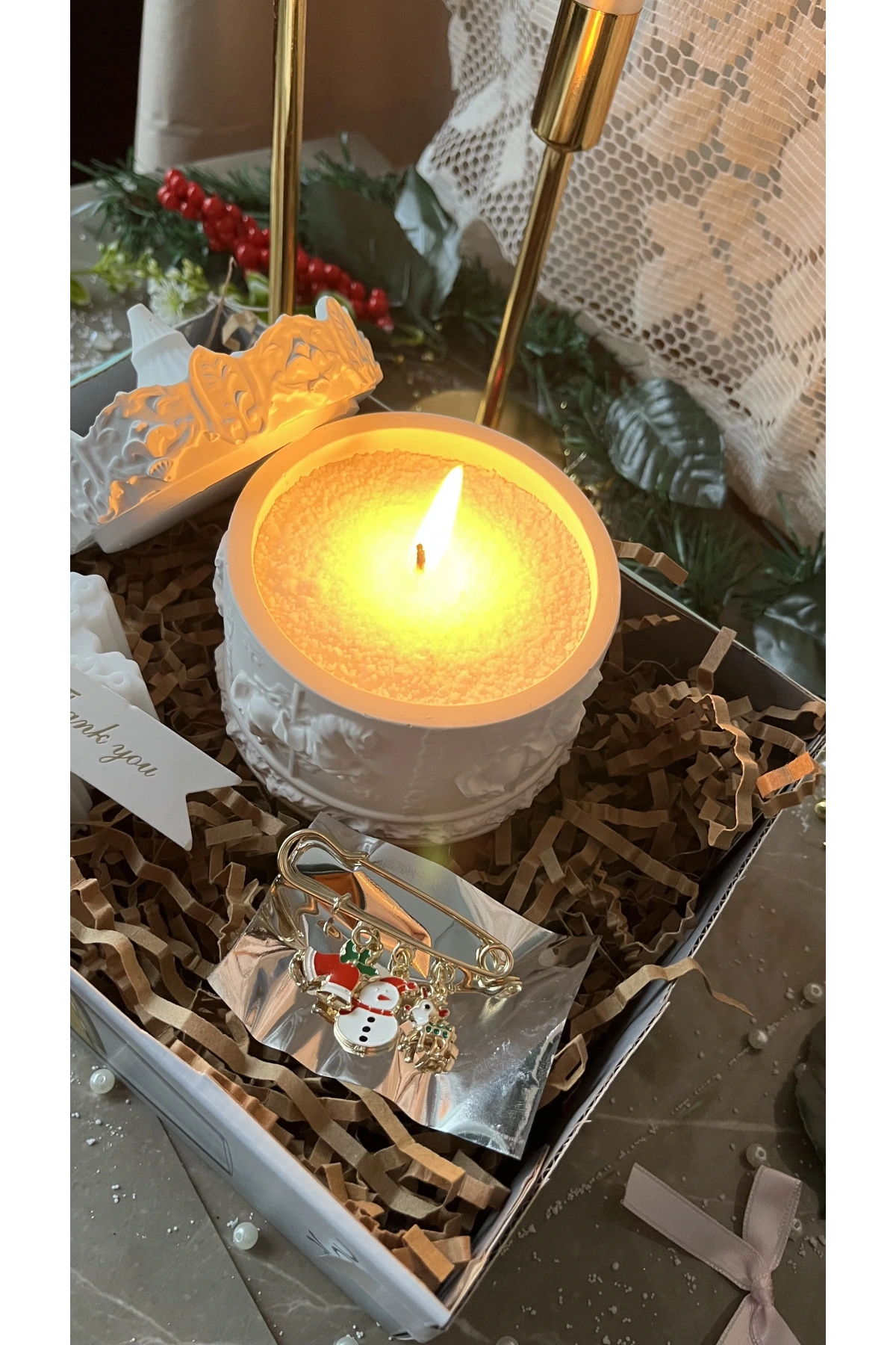 Atlıkarınca Işığı – Kar Tanesi Mum – Broş Yılbaşı Hediye Seti 3’lü | Casa di Duck
