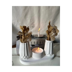 Geometrik desenli 2’li vazo ve inci tozlu mumluk set