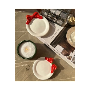 Yılbaşı konsept 2’li kurdeleli dekor tabak inci tozlu mum set