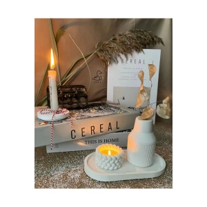 Dekoratif çizgili vazo ve örgü görünümlü mumluk set