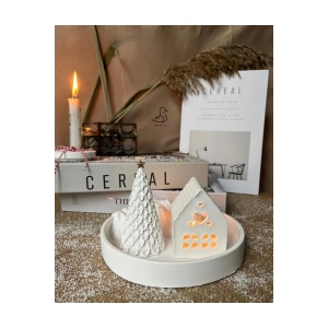 Dağ görünümlü tabak çukur kalp şeklinde mumluk çam ağacı dekor set