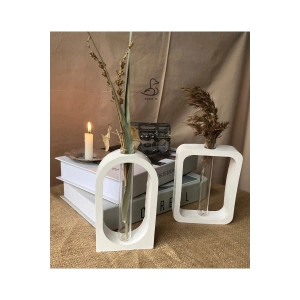 Modern 2li geometrik cam tüplü vazo set (12-16cm) taş tozu