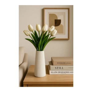 Modern Dekorasyon İçin Şık Beyaz Çizgili Beton Çiçek Vazo - Minimalist ve Zarif Vazo Modelleri