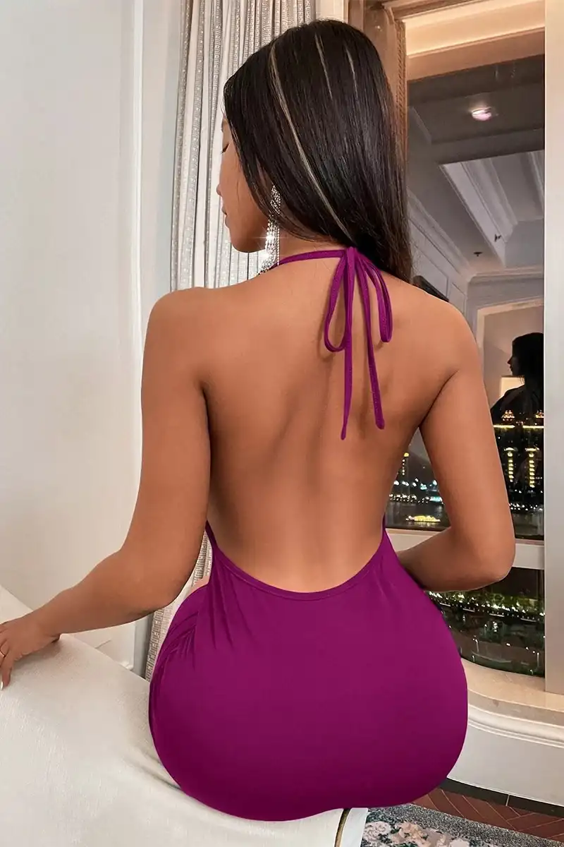 Fuşya Sırt Dekolteli Mini Elbise