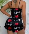 Aşk Temalı Kalp Desenli Siyah Saten Şortlu Gecelik Takım