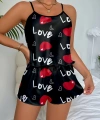 Aşk Temalı Kalp Desenli Siyah Saten Şortlu Gecelik Takım