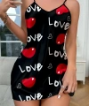 Love Desenli Siyah Saten Gecelik